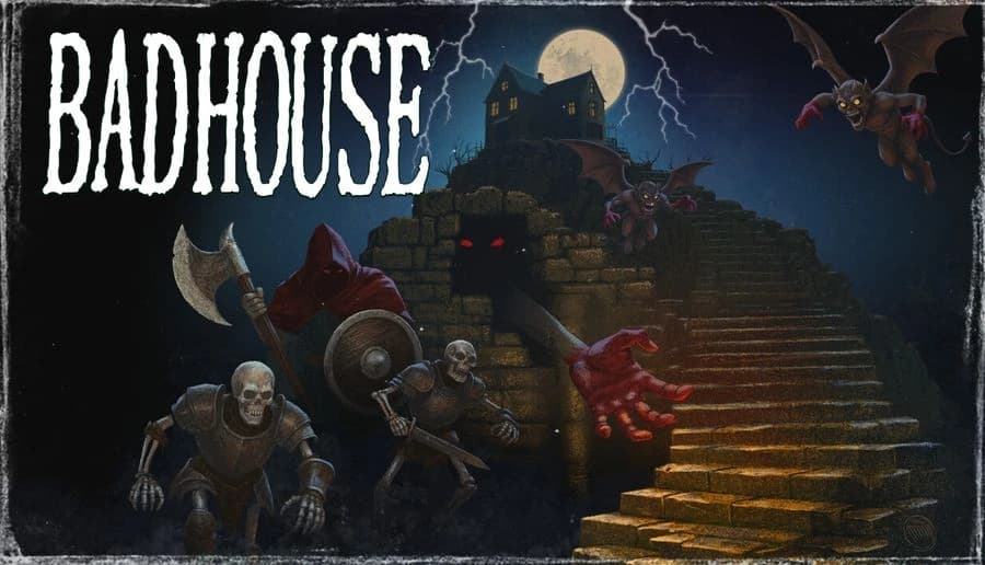 Bad House: monster crowd with bat, zombie, and crab creature on stone stairs below a haunted mansion at moonrise.