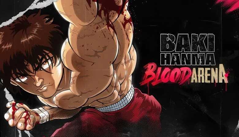 Baki Hanma: Muscular young man with bloodied fists punches forward in intense action against dark abstract backdrop.