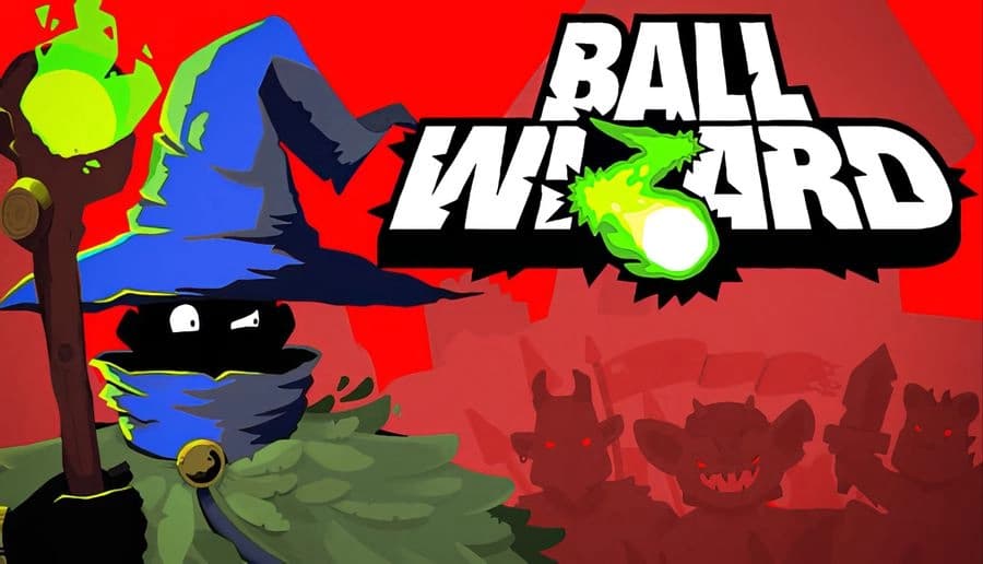 Ball Wizard: hooded wizard with glowing staff and green fireball on red background with shadowy monsters in fog.