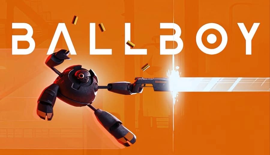 BALLBOY: Dark round robot leaps with a blazing gun in an orange tint setting with scattered bullet casings.