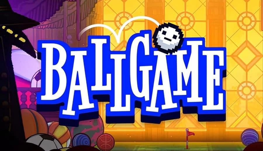 Ballgame: Giant title over a gold arcade hall with scoreboards, a golf flag, and piles of colorful balls in corners.