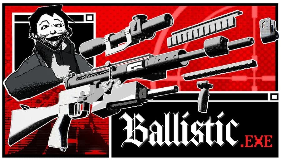 Ballistic.exe: Grinning man in dark suit aims a scoped rifle with parts layout over red grid technical backdrop.