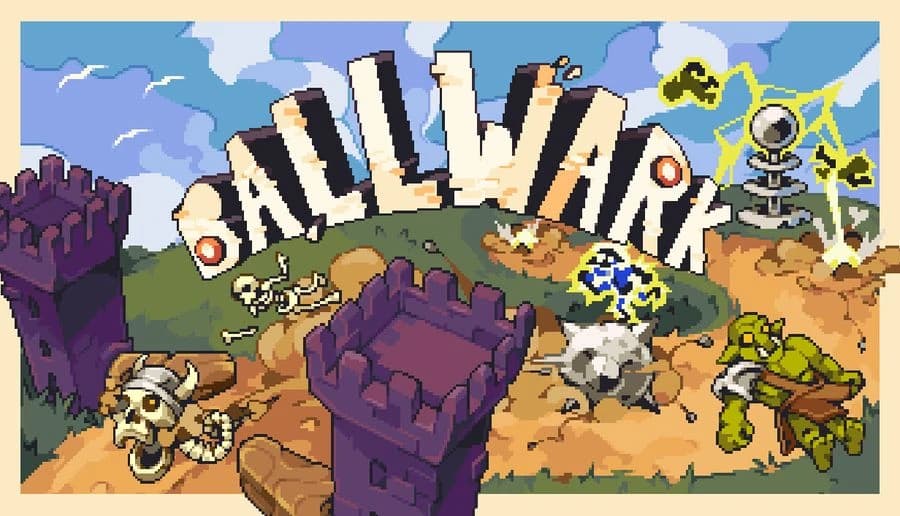 Ballwark: Pixel goblin drags wooden cart past giant stone letters, skull pile, turret, and purple ruins in desert.