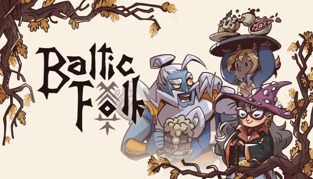 Baltic Folk: Three whimsical figures in fantasy attire cheerfully gather with drinks and food among twisting branches.