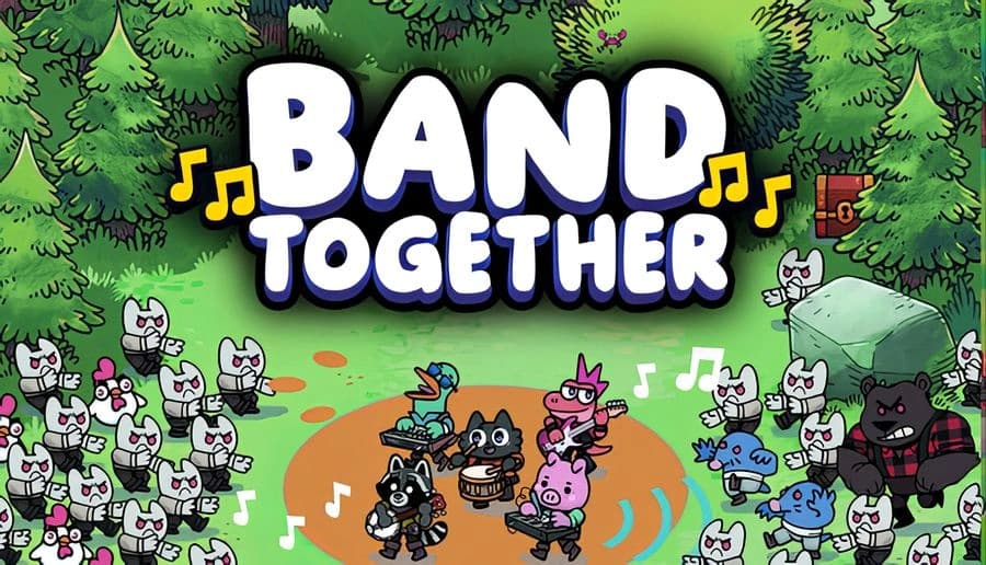 Band Together: Four cartoon animals play instruments and dance on a forest path, surrounded by cheering cats and music notes.