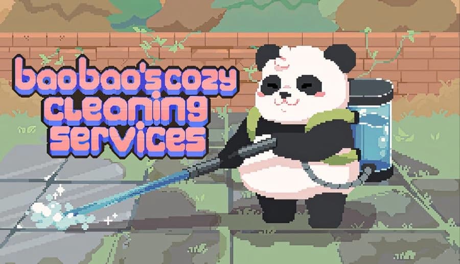 Bao Bao’s™ Cozy Cleaning Services: panda with backpack pressure washer sprays water beside brick wall in yard.