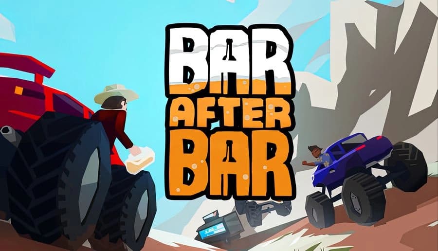 Bar After Bar: Two off-road trucks climb a rocky mountain road as men lean out with bottles under a bright sky.