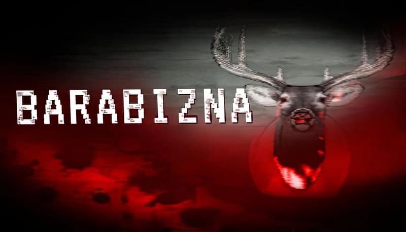 BARABIZNA: Glowing-eyed deer head in eerie red and gray, creating a chilling atmosphere in a dark, unsettling setting.