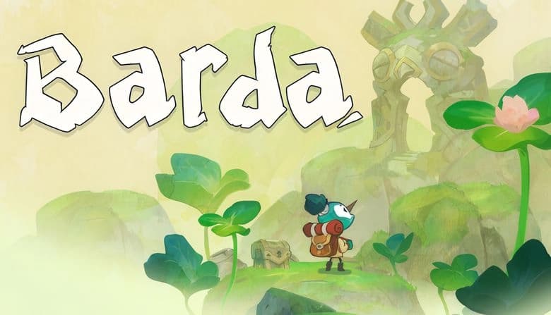 A young teal bird, carrying a backpack, stands in a lush, green setting, facing a stone owl archway and a treasure chest.