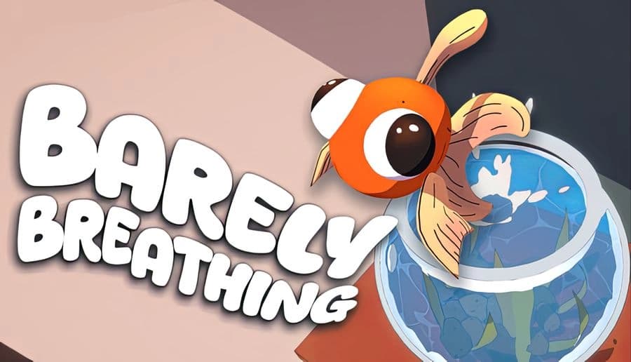 Barely Breathing: wide-eyed orange fish leans over blue bucket with water splash against a pink-gray background.