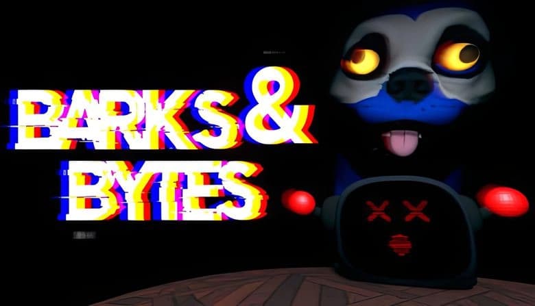 Barks and Bytes: Dead robot with red eyes and glowing ears sits on a wooden table, large dog face looms in dark backdrop.