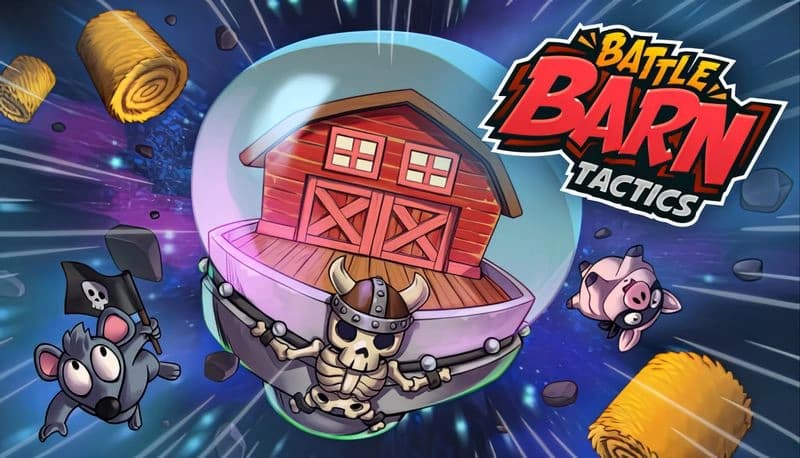 Battle Barn: Armored skeleton in cosmic space defends barn from flying rat, pig, and hay bales amidst asteroids.