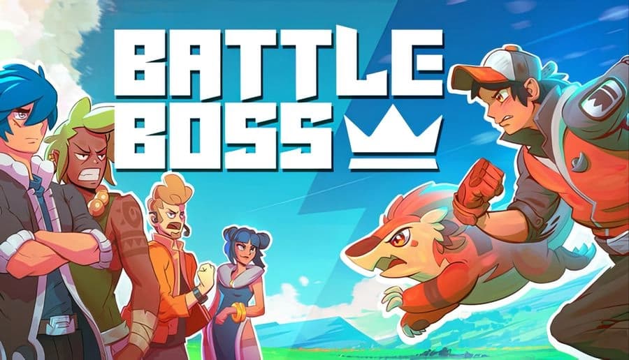 Battle Boss: Trainers and battlemon face off, man with clenched fist confronting lion-like creature in arena sky.