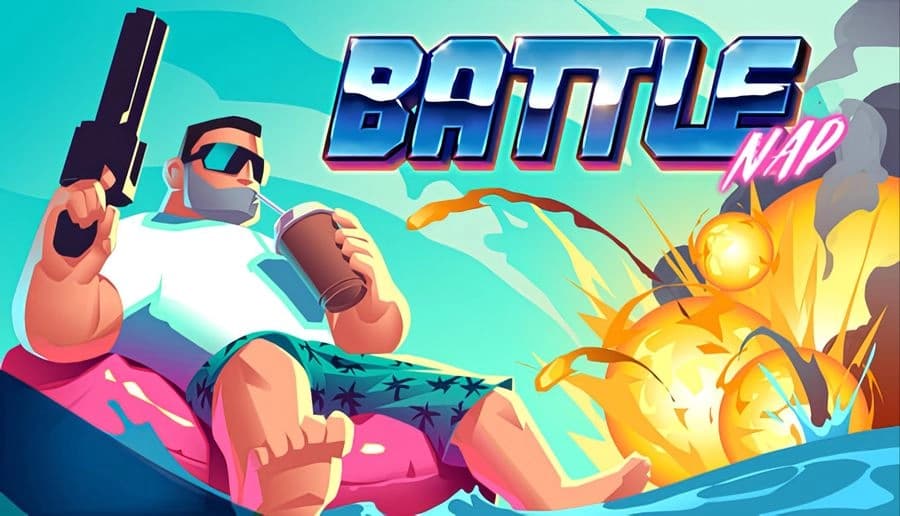 Battle Nap: bearded man in sunglasses lounges on a donut float holding pistols as orange explosions flare in sky.