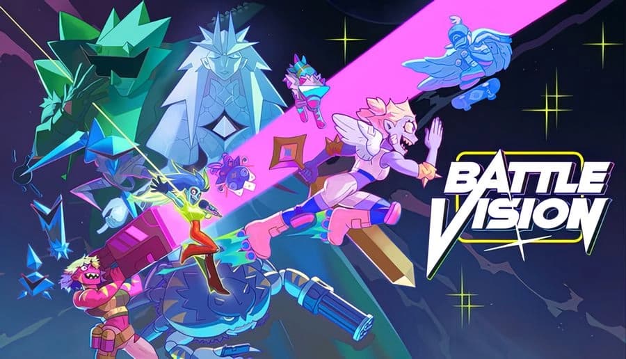 Battle Vision: winged young woman swings a sword at purple robots in neon space arena with bold diagonal light beams.