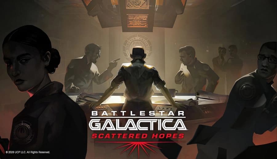 Battlestar Galactica: Officers argue over maps as a man stands at head of table in smoky war room meeting.