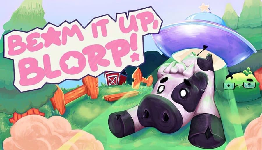 Beam it up, Blorp!: Small UFO beams up a wide-eyed cow near grassy hills and trees under a pastel sky.