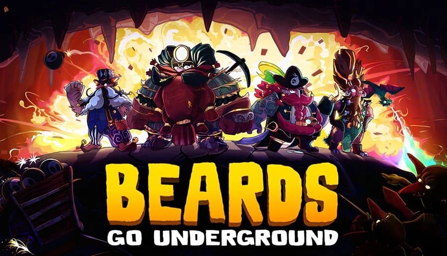 Beards Go Underground: Four bearded miners pose with tools before a huge cave explosion, gems and rocks flying around.