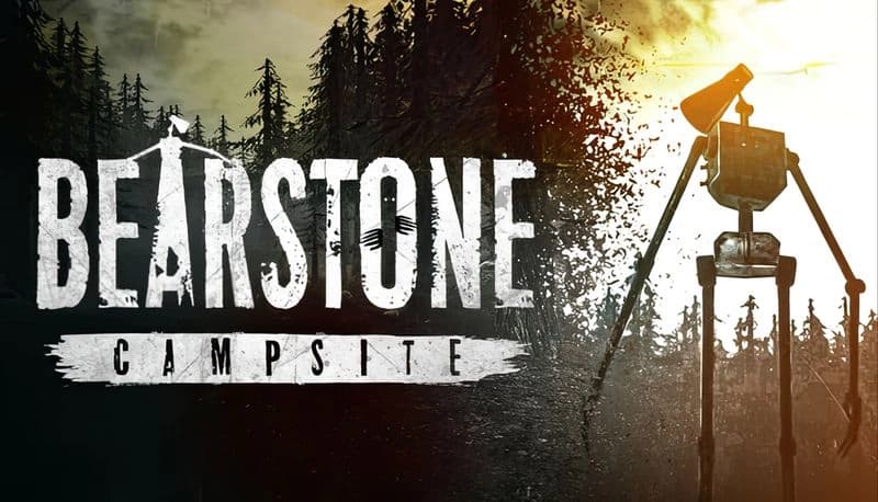 Bearstone Campsite: Tall robot with tripod legs stands in a misty forest clearing at dusk, with silhouetted trees in background.