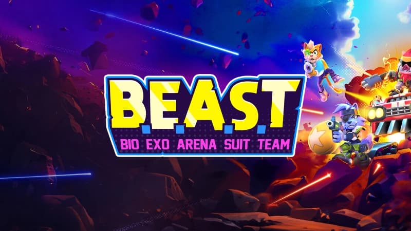Anthropomorphic heroes wield weapons in dynamic poses; one rides a car with explosions and vibrant colors.