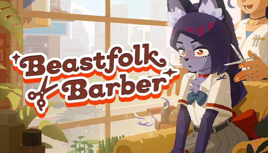 Beastfolk Barber: cat-eared young woman with scissors blushes in barbershop chair, sunlit city street outside window.