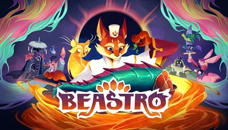 Beastro: Fox chef slicing a giant green fish, surrounded by diverse cartoon animals in a vibrant, whimsical kitchen setting.
