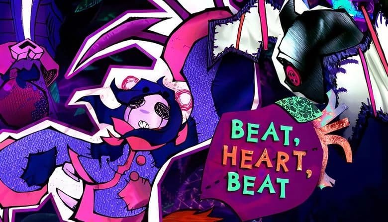 Beat, Heart, Beat: Young girl with scarf, claw arm leaps crying in surreal, vibrant setting with cutout style elements.