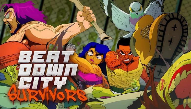 Beatdown City Survivors: Diverse heroes with vibrant hair battle zombies in urban arena, joined by pigeon in yellow boot.