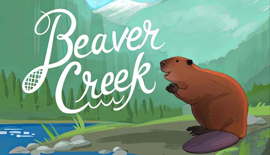 Beaver Creek: brown beaver stands on a log by a stream and rocks, with pine trees and misty mountains behind.