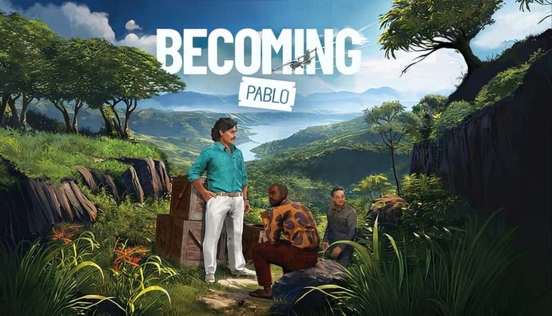 Becoming Pablo: Three men converse near crates on a lush cliffside with distant mountains and blue sky backdrop.
