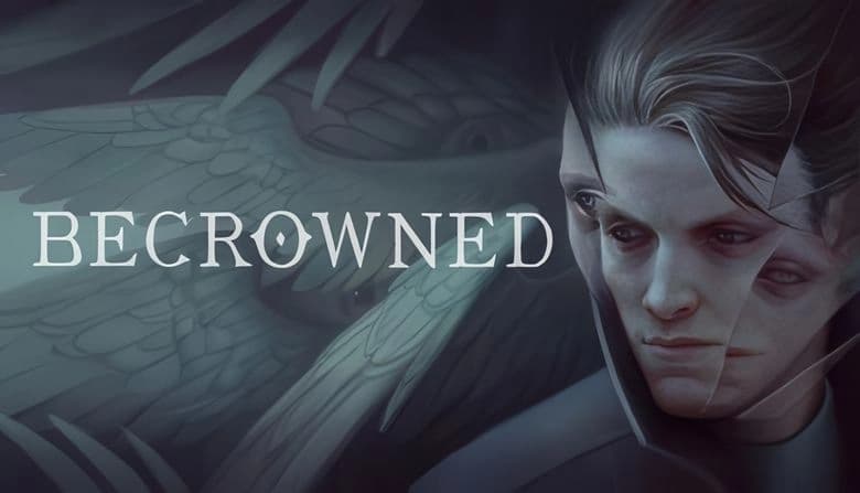 BECROWNED: Surreal male face fractal, splitting into parts, emerges from misty backdrop with white wings and large eyes.