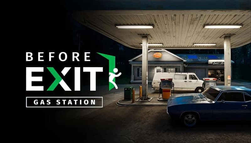 Before Exit: A dimly lit gas station with cars parked under canopy, surrounded by trees and a small convenience store.