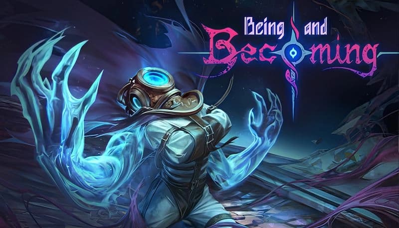 Being and Becoming: A glowing, ethereal figure with a helmet raises spectral hands amid swirling energy on a fragmented bridge.