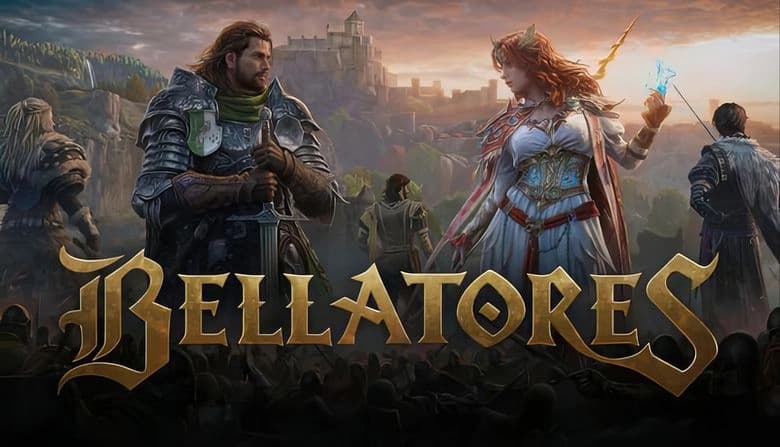 Bellatores: Armored man and sorceress face each other in medieval setting with castle and warriors in the background.