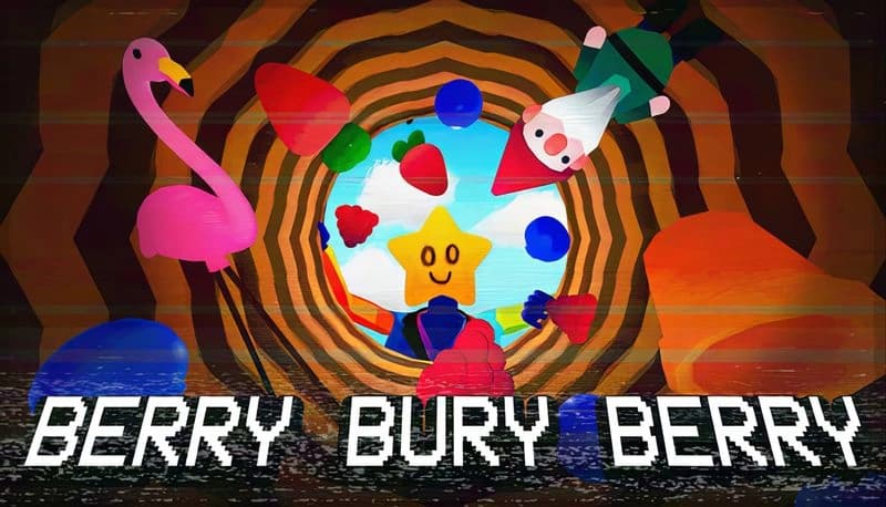 Berry Bury Berry: Gnome and pink flamingo hover over spiraling tunnel with floating star and colorful berries.