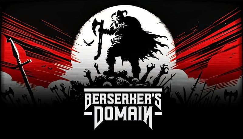Berserker's Domain: Viking warrior silhouette with axe on skeletons, battlefield littered with weapons, red sky, white moon.