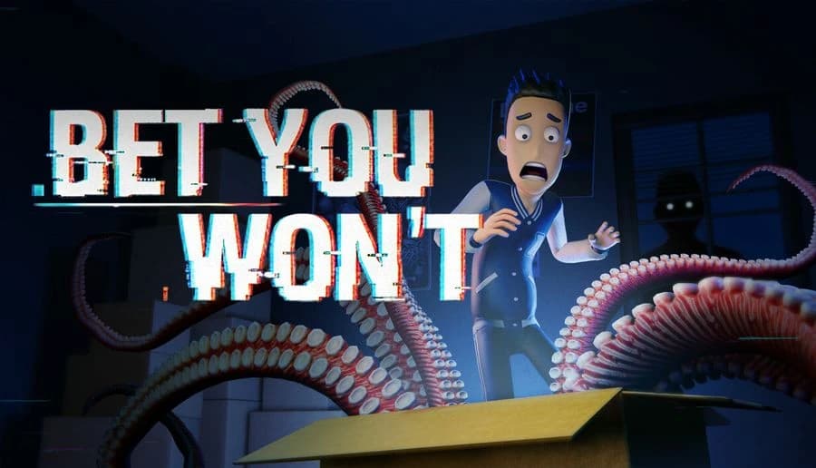 bet you won’t: terrified young man recoils from tentacles and fanged maw emerging from box in dark room.