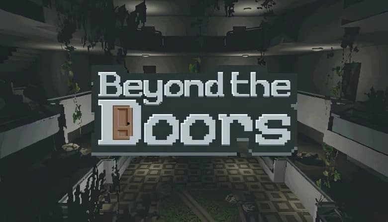 Beyond the Doors: Dimly lit apartment hallway with multiple floors, hanging plants, and a checkered floor pattern.