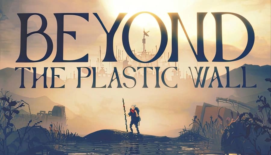 Beyond The Plastic Wall: lone traveler holds a staff on a flooded plain, ruined machinery and cranes silhouetted at sunset.