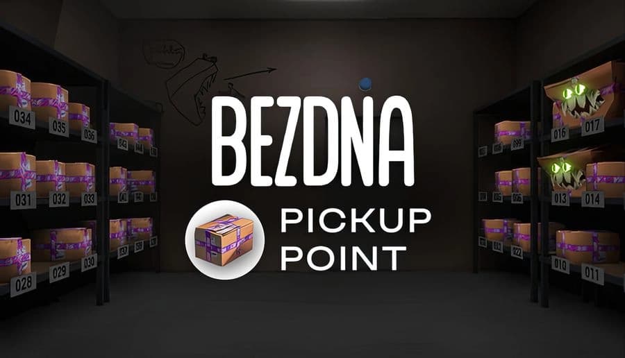 Bezdna Pickup Point: stacked parcel shelves and boxes in dark warehouse aisle with spotlights and shadowed walls.
