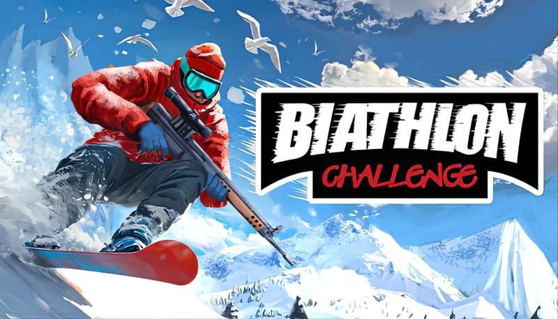 Biathlon Challenge: Skier in red gear navigates snowy mountain slope with rifle, surrounded by flying birds and snowy peaks.