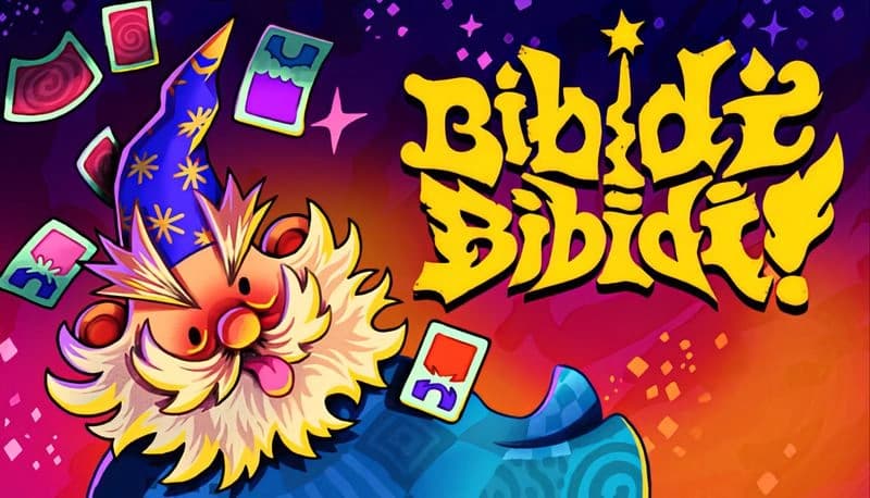 Bibidi Bibidi!: A wizard in a starry robe throws colored cards, surrounded by swirling colors and sparkles against a vibrant backdrop.