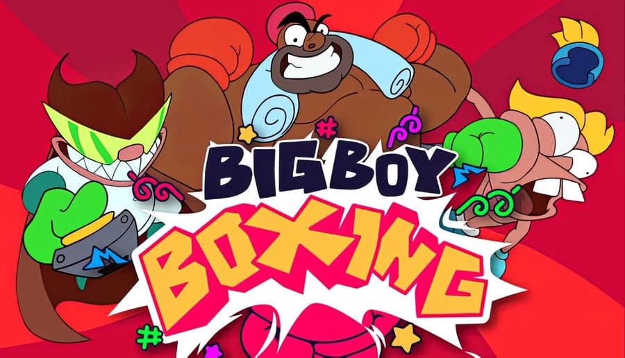 Big Boy Boxing: Grinning red-haired boy and large boxer face off with raised gloves on bright comic backdrop.