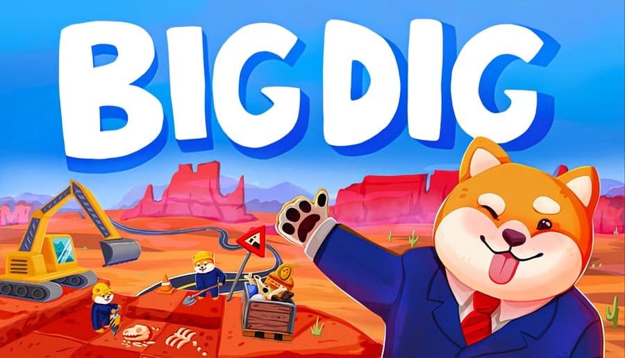 Big Dig: smiling cartoon dog mayor waves beside excavator and workers digging in a red desert construction site.