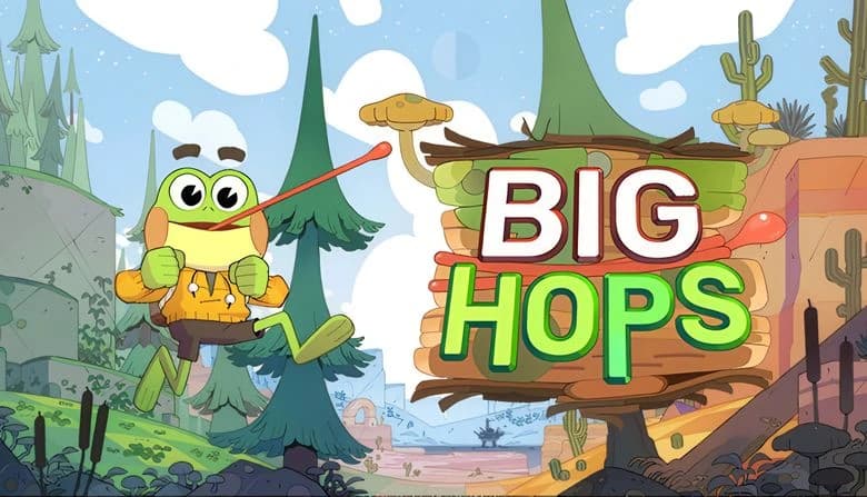 A cartoon frog with an orange jacket and backpack uses its tongue to swing through a vibrant landscape with trees and cacti.