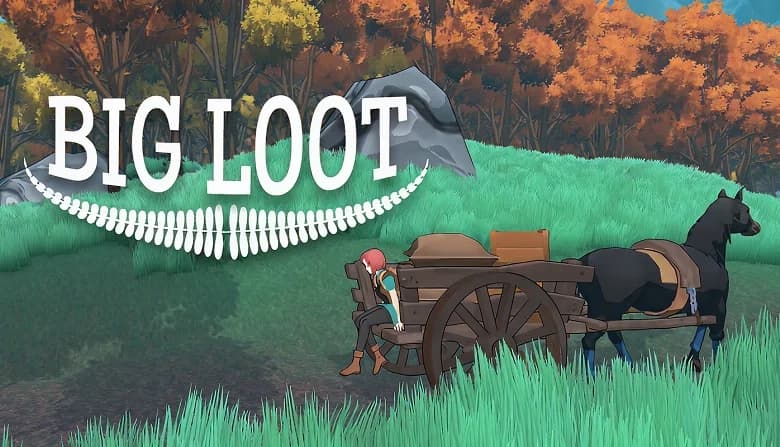 A young red-haired woman in green sits on a wooden cart pulled by a black horse, surrounded by lush grass and autumn trees.