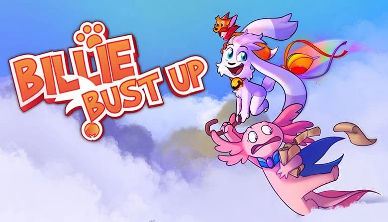 A cheerful rabbit with a small fox companion floats through the sky on a broom, alongside a pink axolotl holding papers.