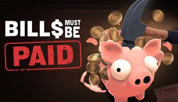 Bills Must Be Paid: gloved hand smashes pink piggy bank as coins burst out dark vignette backdrop with bills tags.