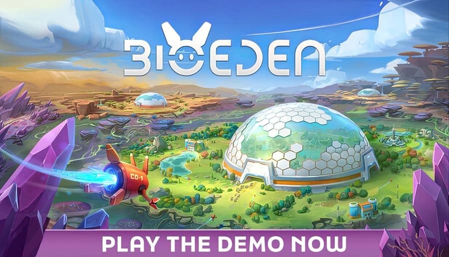 BioEden: Red drone projects blue beam over green valley with crystal rocks, domed biodomes and winding rivers below.