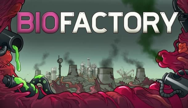 Biofactory: Industrial skyline dominates polluted landscape, with pipes spewing toxic green sludge, amidst swirling smog.